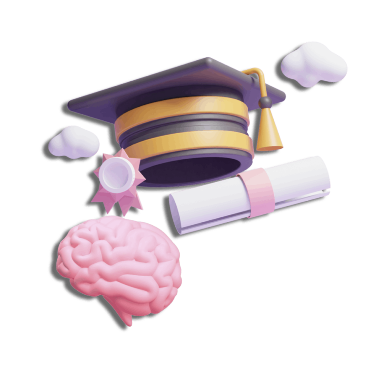 3D illustration of a graduation cap, diploma, and brain symbolizing education and learning.