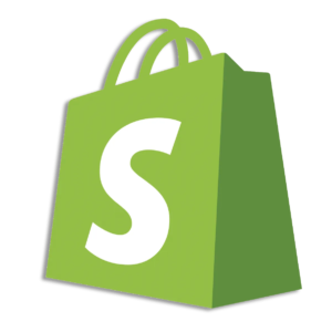 Shopify logo featuring a green shopping bag with a white stylized 'S' on the front