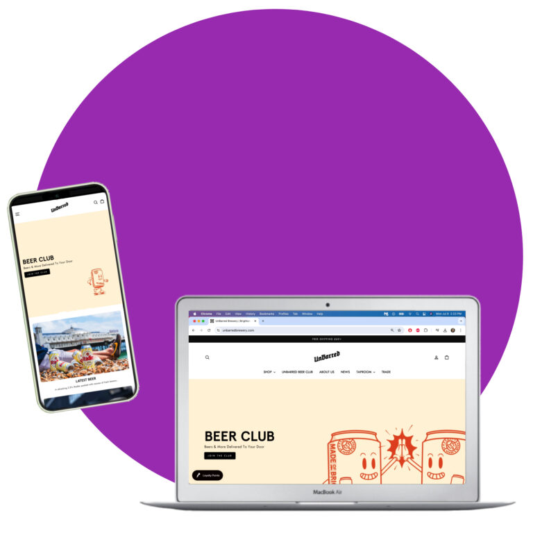 A smartphone and laptop displaying The UnBarred Brewery Website.