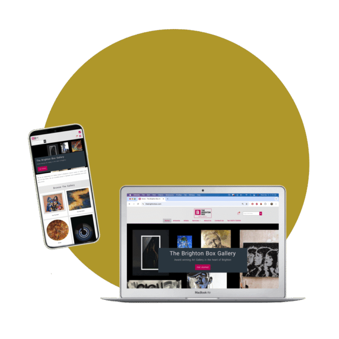 A smartphone and laptop displaying The Brighton Box Gallery website.