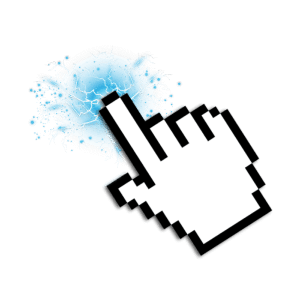 Pixelated mouse cursor click effect on a glowing blue electric energy orb with lightning burst graphic